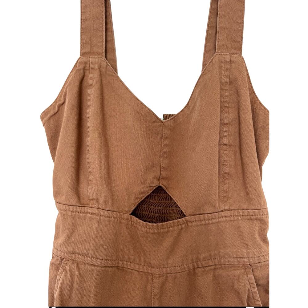 Aerie Twill Denim Cut Out Wide Leg Jumpsuit, Smocked Back, Camel Brown, Size XL - Picture 3 of 5